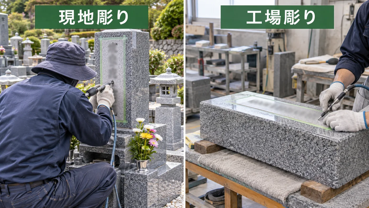墓地で行う現地彫りと石材店の工場で行う工場彫りの比較