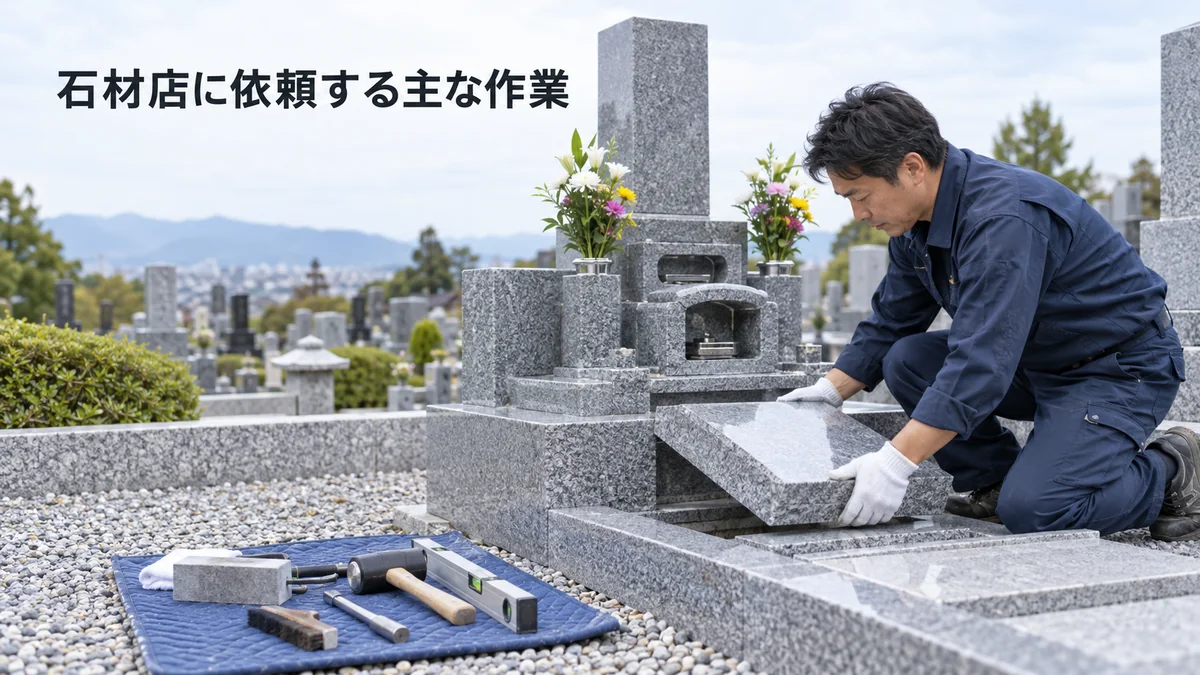 石材店スタッフが納骨室の石材を慎重に開ける作業イメージ