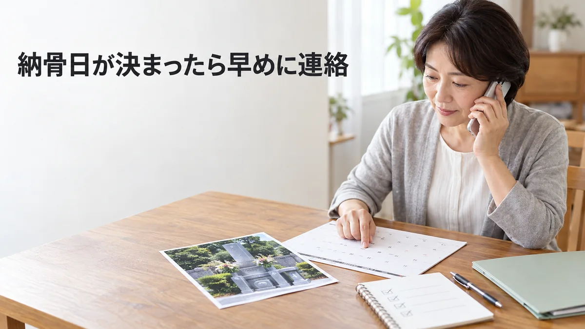 納骨予定日とお墓の写真を確認しながら石材店へ連絡する様子