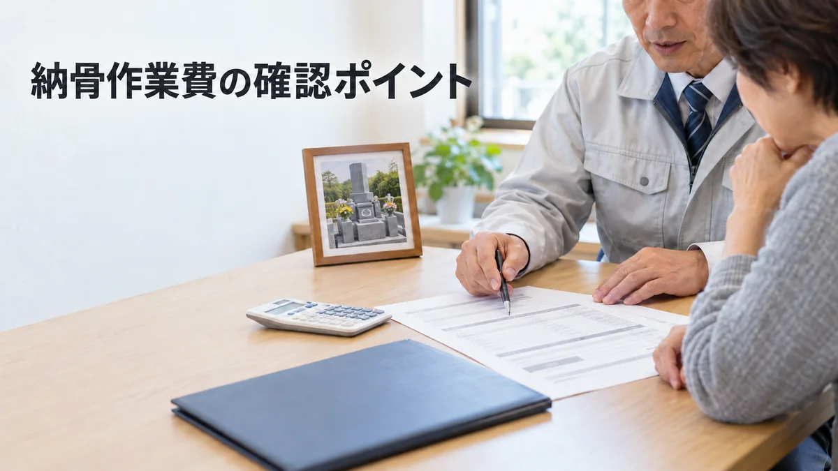 石材店スタッフと納骨作業の見積書を確認する様子