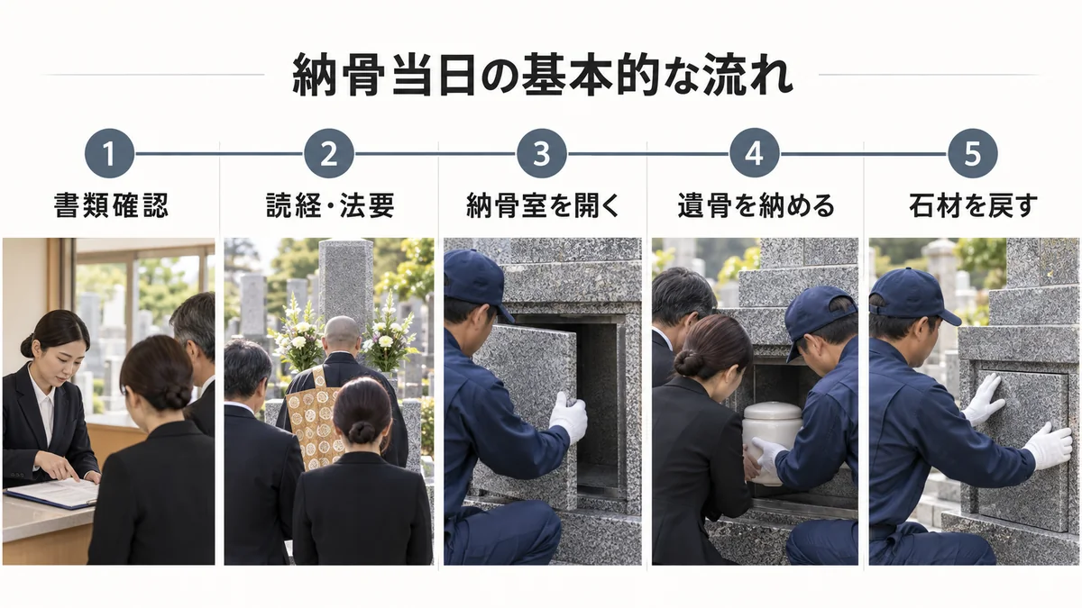 書類確認から石材を戻すまでの納骨当日の基本的な流れ